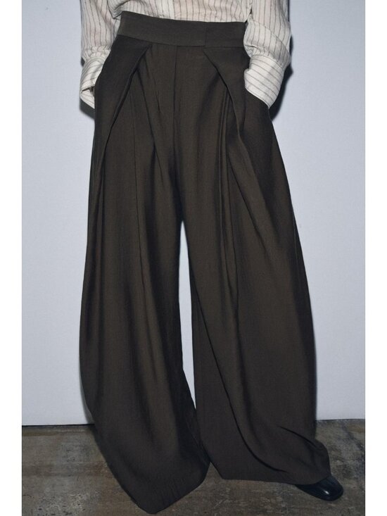 Zara Pants - Zara Womens Pants Pleats Trousers XL Brown Wide Leg Zw Collection 6136/245 NWT